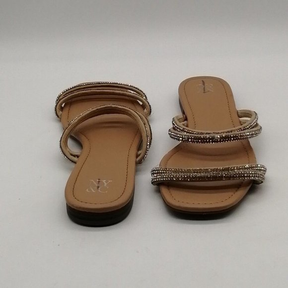 NY&C Womens Sandal Tan Double Rhinestone Covered Straps Slide Low Block Heels 10 - Picture 3 of 10